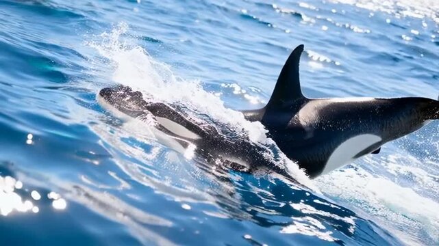 An orca glides smoothly through clear blue waters, bathed in sunlight, showcasing its graceful movements and the splendor of ocean life, perfect for wildlife conservation day