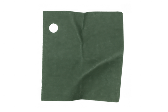 Green wrinkled paper tag with a punched hole, isolated on transparent background, showing texture and space for messages