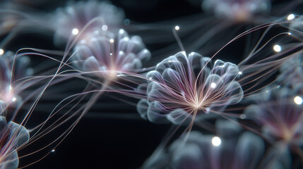 Ethereal Bloom: A captivating close-up reveals a cluster of delicate, translucent blooms, their petals intricately detailed, accompanied by soft, glowing light strands.