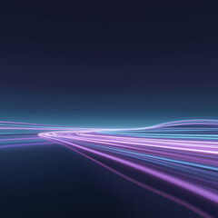 Light Trails on the Horizon: Dynamic trails of vibrant light streak across a minimalist, dark blue backdrop, suggesting speed and motion, perfect for modern design concepts.