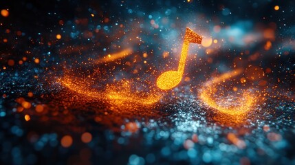 Abstract music note, fiery orange & cool blue particles