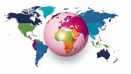 A stylized representation of Earth with varying shades of blue and green, indicating different continents. In the center, there's an emphasis on Africa, as suggested by the African flag