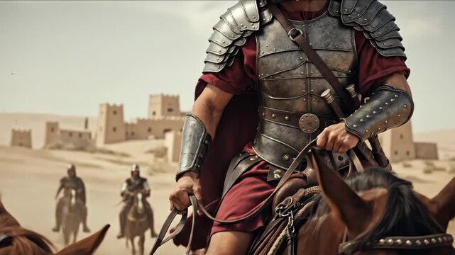 Roman soldier riding a horse in a desert landscape with ancient buildings, historic battle scene footage