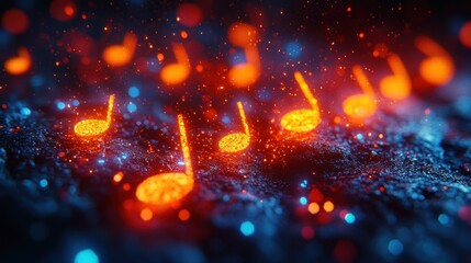 Abstract musical notes, glowing orange/red, dark background