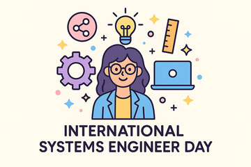Celebrating international systems engineer day with a woman engineer surrounded by symbols of innovation and technology