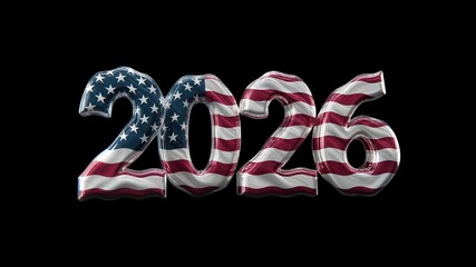 Waving American Flag Inside 2026 Numbers on Black Background – New Year Celebration Animation - Powered by Adobe
