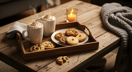 Cozy Treats: Steaming cups of cocoa, a plate of warm cookies, and the soft glow of a candle creates a warm and inviting atmosphere, perfect for a relaxing moment. 