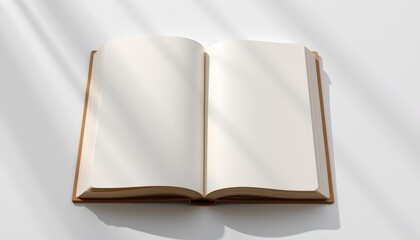 Fototapeta premium An open book with blank pages is displayed against a light background.