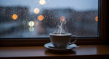 Warmth in a Cup: A steaming cup of coffee sits on a wooden windowsill, capturing the comforting atmosphere on a rainy day, with blurred city lights in the background.