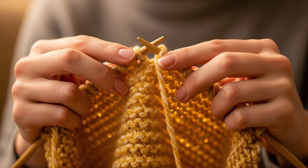 Artisan Hands: A close-up showcases nimble hands engaged in the intricate craft of knitting, needles intertwining with yarn to bring a pattern to life.