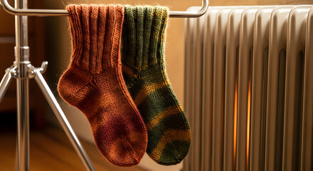 Cozy Warmth: Two woolen socks drying on a rack near a warm radiator, evoking feelings of comfort and relaxation, creating an inviting scene of domestic tranquility.