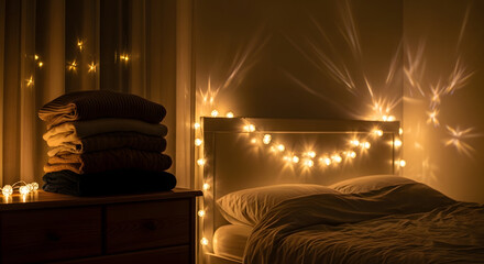Cozy Bedroom: A warm, inviting bedroom scene bathed in the soft glow of fairy lights, creating a tranquil atmosphere with a stack of cozy blankets. 