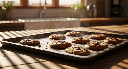 Freshly Baked Delights: A close-up shot of a tray of freshly baked cookies, still warm and inviting, evokes the comforting essence of homemade treats in a cozy kitchen setting.
