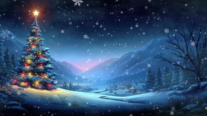 Christmas tree decorated with colorful lights in a snowy mountain valley village with gentle falling snowflakes for a seamless loop - Powered by Adobe
