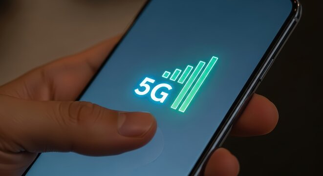 Close-up of hand holding smartphone displaying 5g signal bars
