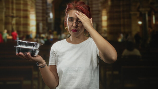 Woman holding stacked foil food containers, hand to forehead gesture inside building; donation fatigue. - Powered by Adobe