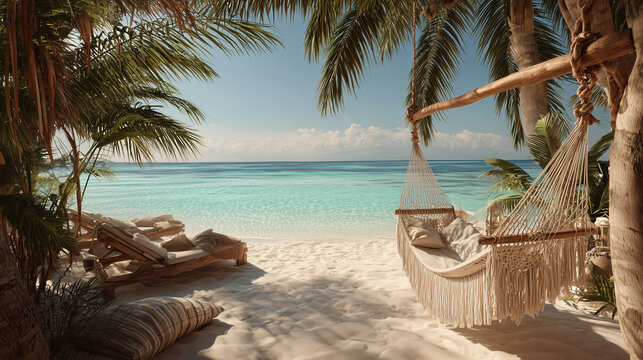 Pusta plaża boho z huśtawkami i hamakami
