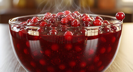 Cranberry Delight: A vibrant bowl of freshly prepared cranberry sauce, steaming gently, offering a tantalizing glimpse of a holiday feast. 