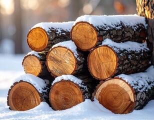 Firewood logs covered with snow &mdash; winter energy and natural texture background
