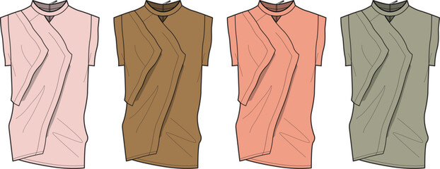 A collection of four draped garments in pastel and earthy tones, showcasing varied collar designs