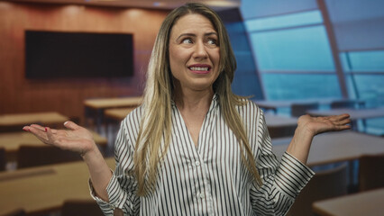 Blonde woman holds hands up shrug gesture with palms visible in a classroom during a lecture;...