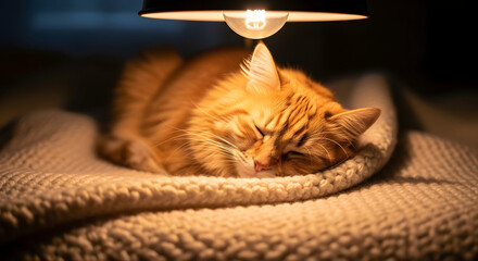 Cozy Cat Nap Under a Lamp: A contented ginger cat rests serenely on a soft blanket, basking in the warm glow cast by a nearby lamp. This scene evokes a sense of comfort and tranquility.