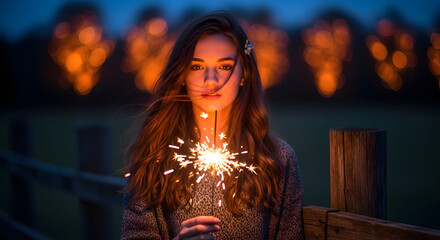 Enchanting Sparkler: A serene woman in the twilight holds a dazzling sparkler, radiating a warm glow against the blurred lights, creating a magical atmosphere.
