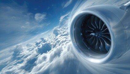 Aircraft engine against cloudy sky, mid-flight. Close up view