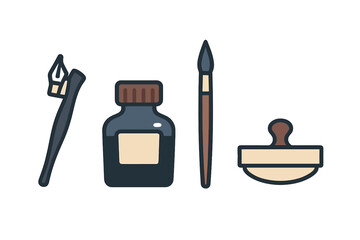 Traditional calligraphy and writing tools set with ink bottle dip pen and brush