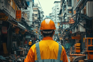 Engineers in safety uniforms assess electrical installations in a busy city street with overhead wires during daylight