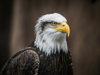 Obraz premium Majestic bald eagle with piercing yellow eyes and sharp beak gazes intently into the distance showcasing its powerful presence.