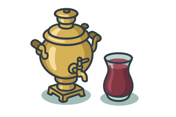 Golden Russian samovar and a traditional glass of hot black tea ready for serving