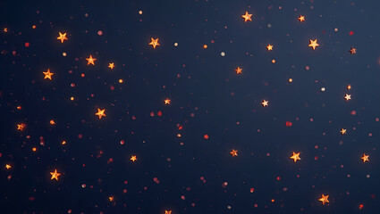 Abstract background of glowing orange stars and tiny white dots scattered across a deep blue night sky