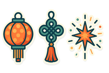 Chinese New Year symbols featuring a decorative lantern, mystic knot, and festive firework