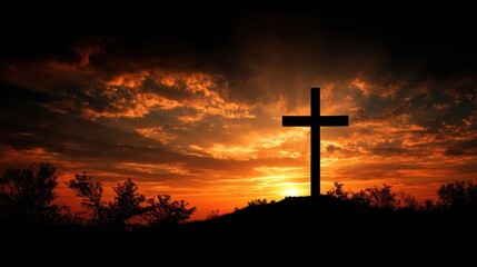 Majestic Sunset with Christian Cross Silhouette Over a Hill Against Dramatic Skies with Colorful Clouds and Radiant Sunlight Breaking Through Darkness