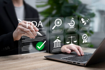Global health safety regulation Concept, Businesswoman reviewing and approving FDA standard...