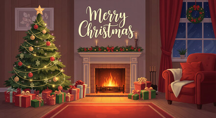 Cozy Christmas living room scene with decorated tree, fireplace, and gifts.