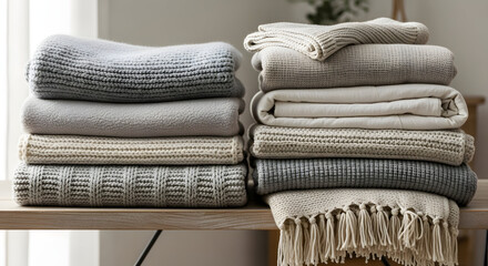 Cozy Comforts: A collection of soft, folded blankets in muted tones rests on a wooden table, inviting warmth and relaxation. 