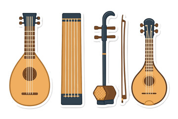 Naklejka premium Traditional string instruments collection featuring lutes, zither, and erhu stickers