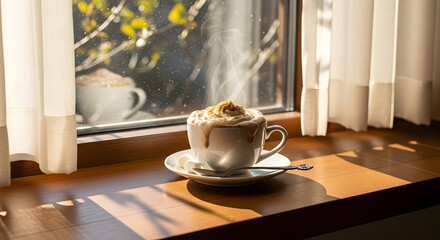 A Moment of Coffee Solace: A steaming cup of coffee sits on a wooden ledge, bathed in the soft glow of sunlight streaming through a window.