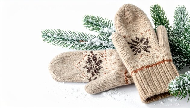 Warm winter mittens paired with festive evergreen sprigs create a cozy and inviting scene