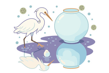 Elegant white egret wading in shallow water next to stacked glass bowls with reflections and stylized bubbles