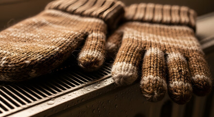 Cozy Mittens in Warmth: A pair of handcrafted knitted mittens rests against a gentle heat source, representing warmth, comfort, and the serenity of home.