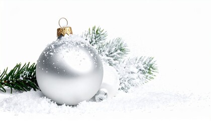 A silver Christmas ornament with snowy pine leaves creating a festive and wintery atmosphere. The ornament sits amidst a pile of fresh snow, adding a touch of winter wonder.