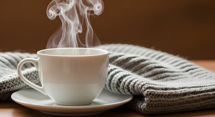 Warmth in a Cup: A steaming mug of a hot beverage, exuding an inviting aura of coziness and comfort, sits on a wooden surface, ready to be enjoyed.