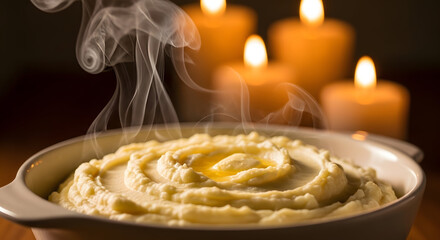 Mashed Potato Delight with Candlelight Ambiance: A close-up shot of a creamy, steaming bowl of mashed potatoes, enriched with a pat of melting butter.