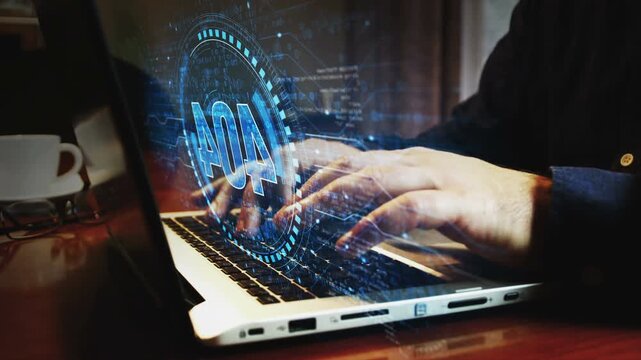 Error 404 page not found oops problem symbol and man typing computer keyboard. Hands on laptop. Network, cyber technology and background abstract concept.