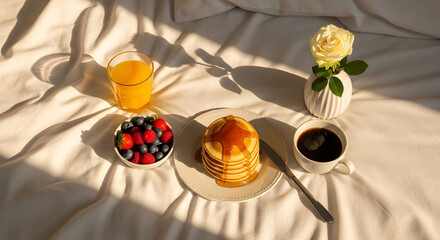 Morning Breakfast Feast: An appetizing breakfast spread on a crisp, inviting bed. Sunlight dances upon the scene. It's a symphony of delectable delights, including pancakes, fresh fruits.