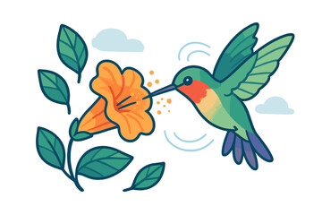 Colorful hummingbird feeding on nectar from a bright orange trumpet flower in flight