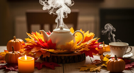 Autumn Tea Gathering: A warm and inviting scene, featuring a teapot and teacup on a table, surrounded by autumn leaves, pumpkins and a lit candle. It captures a cozy and festive atmosphere.